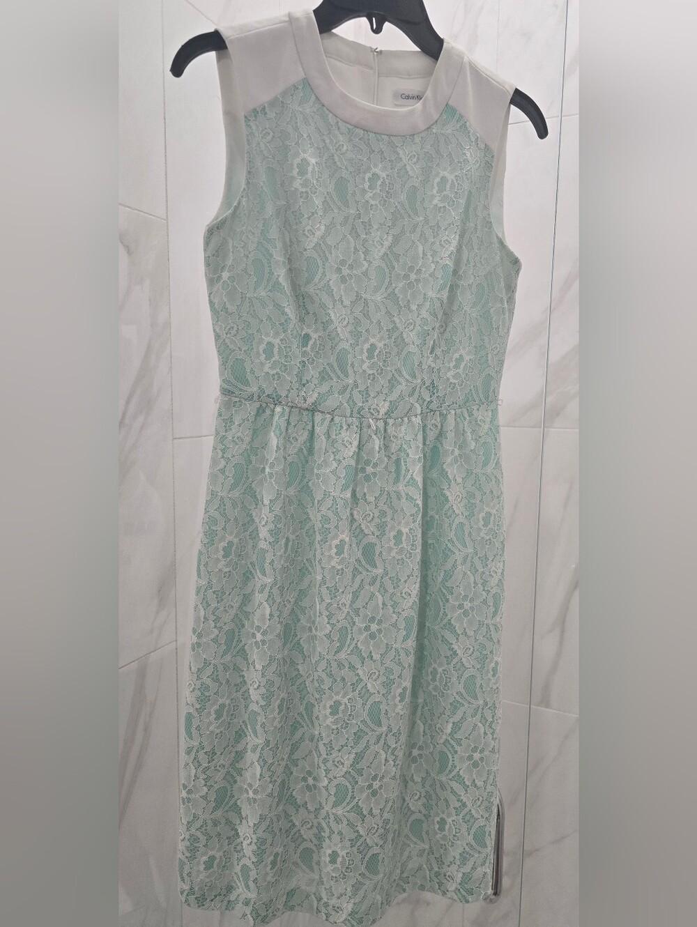 Calvin Klein Aqua Lace Overlay & White Colorblock Sleeveless Pencil Dress, Sz: 2